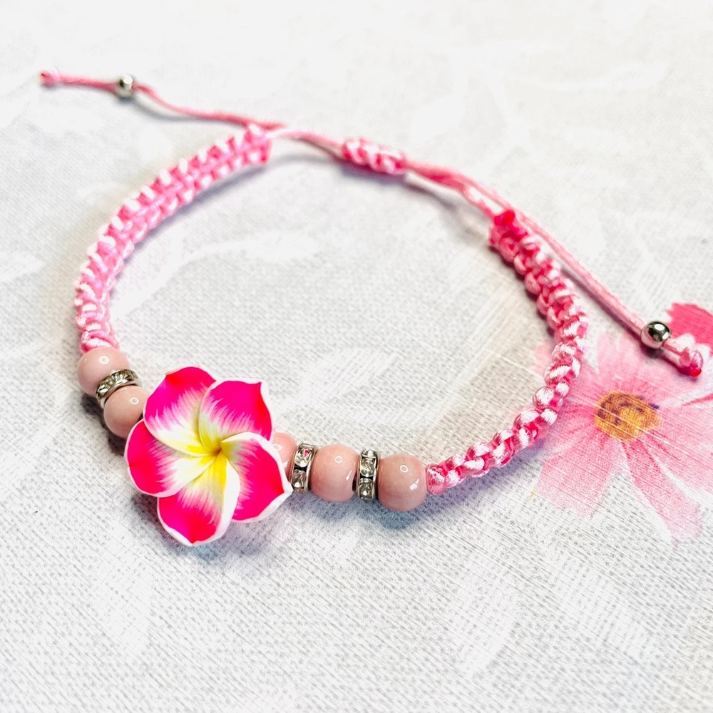 Pink flower macrame bracelet tropical bohemian knotted cord adjustable